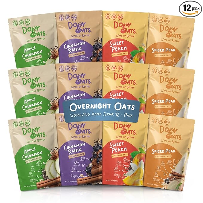 Dozy Oats Overnight Oatmeal Packets Vegan/No Added Sugar Variety Box with Rolled Oats Chia Seeds Date Powder and Dried Fruit. Gluten-Free Natural Source of Protein and Fiber 12-Pack