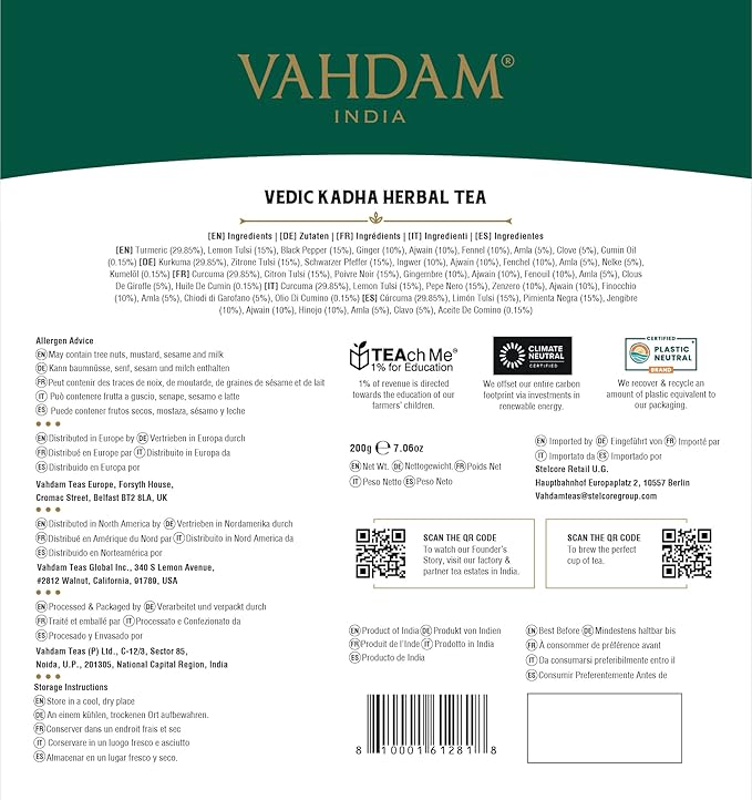 VAHDAM Vedic Kadha Herbal Tea Bags (100 Ct) Caffeine Free 100% Real Ingredients - Turmeric Black Pepper Amla Tulsi Ginger Cloves | Pure Herbal Tisane - Earthy Savory | Resealable Ziplock Pouch
