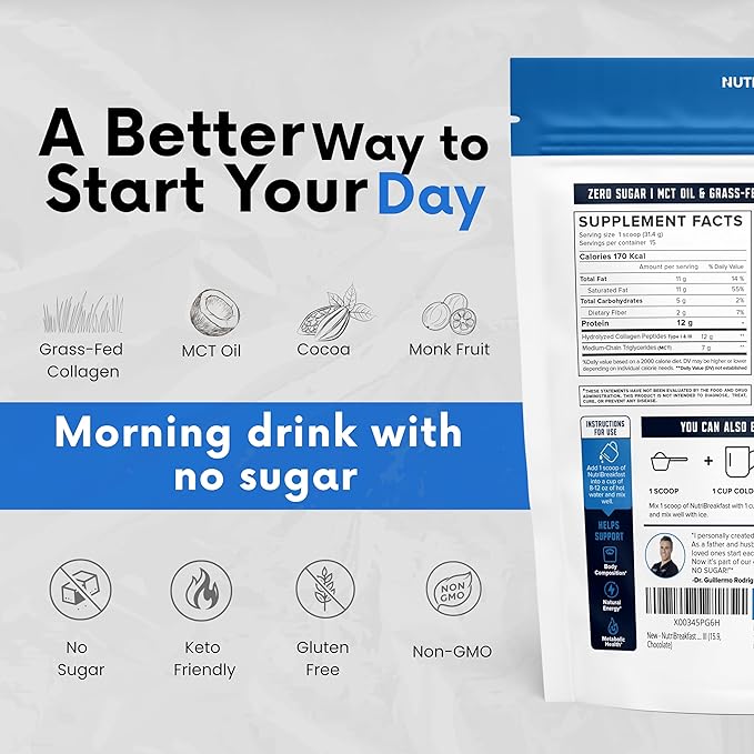 Nutri11 NutriBreakfast by Nutrillermo/Keto Protein Collagen Powder with MCT Oil/MCT Oil Powder/Keto Collagen Peptides with Grass-Fed Bovine Collagen Type I &amp III (15.9 Chocolate)