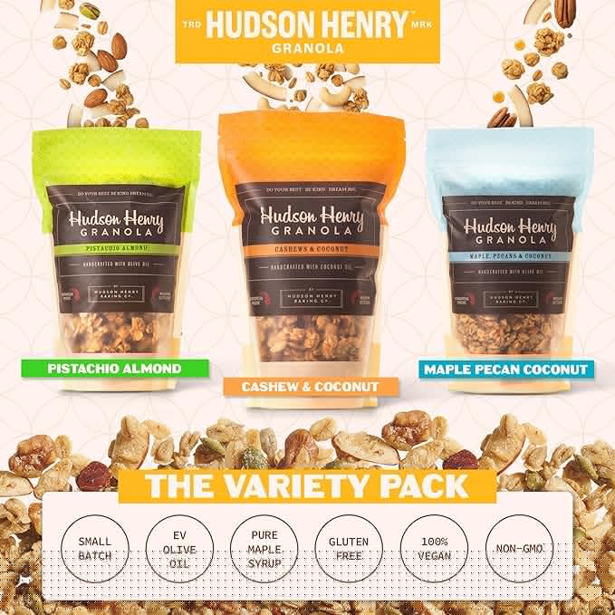 Hudson Henry Granola Variety Pack for Yogurt Snacking &amp Cereal | Maple Pecan Coconut Cashew Coconut &amp Pistachio Almond Granola | Gluten Free Non-GMO Small Batch Baked | 3 Pack (12 oz Bags)