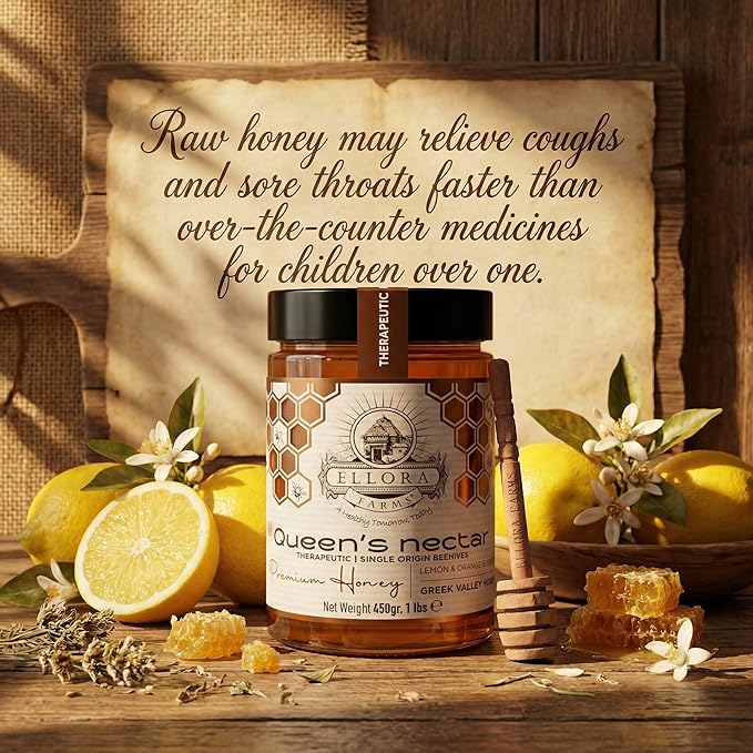 Ellora Farms Greek Honey Lemon &amp Orange Blossom Raw Honey Unfiltered 2025 Paris Platinum Award Non-GMO and Unpasteurized Dipper Included - 450g (1lbs)