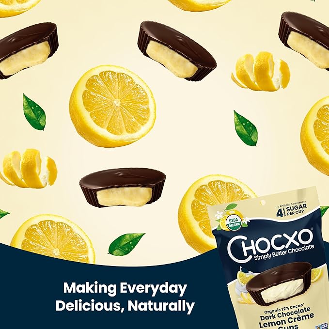 Chocxo Dark Chocolate Lemon Crème Cups - Lower Sugar Organic 72% Cacao NonGMO Keto Gluten Free Kosher No Artificial Sweeteners/Sugar Alcohols 3.45 oz (Pack of 6)