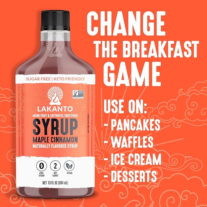 Lakanto Sugar Free Cinnamon Maple Syrup - Monk Fruit Sweetener Keto Diet Friendly Vegan 2g Net Carbs Pancakes Waffles Oatmeal Coffee Tea Granola Frosting Marinade (13 Fl Oz - Pack of 1)