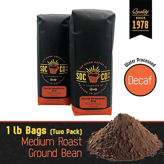 San Diego Coffee Chocolate Macadamia Nut DECAF Medium Roast Ground Coffee 16-Ounce Bags (Pack of 2) Café descafeinado molido tostado