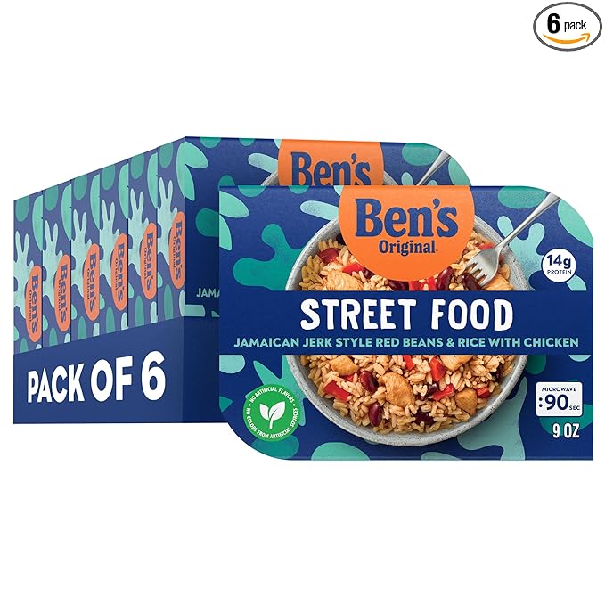 BEN'S ORIGINAL Street Food Jamaican Jerk Style Beans &amp Rice with Chicken Prepared Entrée Microwavable Heat-&amp-Eat Bowl in 90 Seconds 9 oz (Pack of 6)