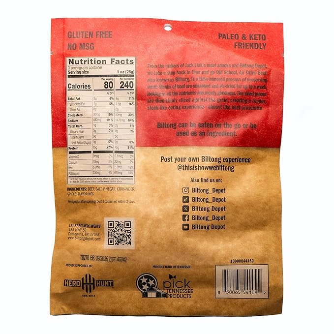 Biltong Depot Original Beef Biltong Slices with Fat Bundle - 3oz (3 Pack) | Air-Dried Beef Jerky Snack | High Protein | Zero Sugar | Keto &amp Paleo Friendly | Gluten Free | No Artificial Preservativ