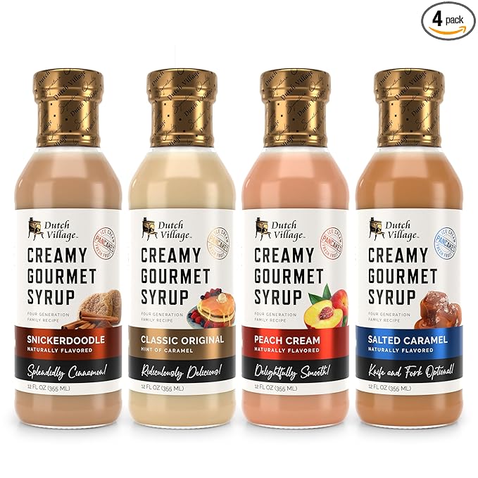 Creamy Gourmet Breakfast &amp Dessert Syrup | Organic Ingredients - Clean Label | Gluten-Free | Dutch Village Classic Original &amp Salted Caramel &amp Peach Cream &amp Snickerdoodle 12 fl oz - 4