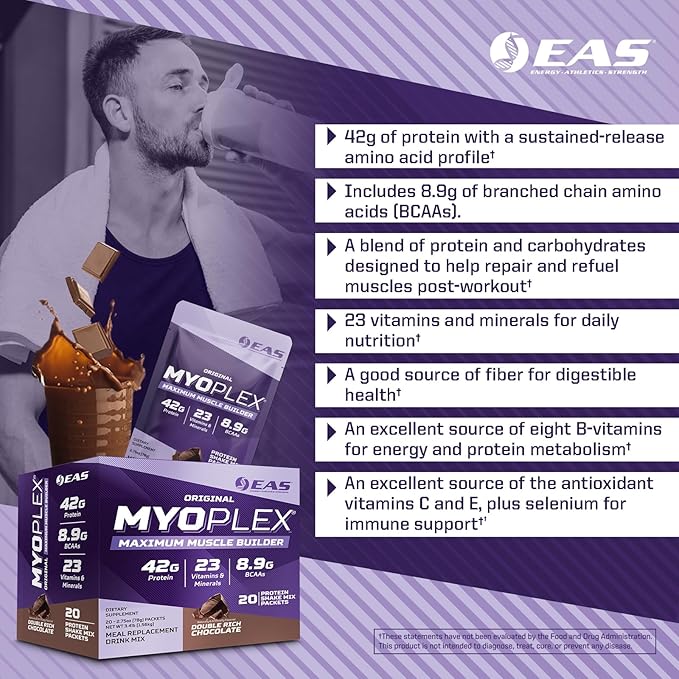 EAS Original Myoplex Maximum Muscle Builder | Meal Replacement Protein Drink Mix | Quality Protein Blend | 42g Protein | 20 Individual Packets (Double Rich Chocolate)