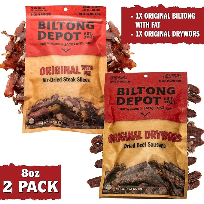 Biltong Depot Biltong + Drywors Bundle - 8oz (2 Pack) | Original Air-Dried Beef Slices with Fat &amp Snack Sticks | High Protein | Jerky Alternative | Zero Sugar | Keto &amp Paleo Friendly | Gluten