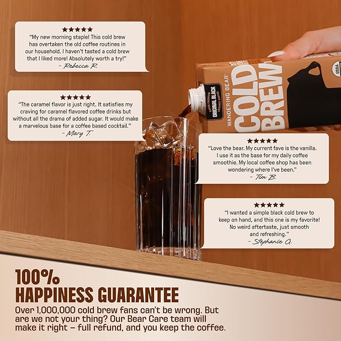 Wandering Bear Decaf Cold Brew Coffee - Bold Smooth No Sugar Added Shelf-Stable Ready to Drink Gluten Free &amp Vegan Decaf Iced Cold Brewed Coffee Drink - 32 fl oz 6 pack