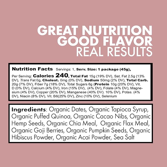 Joulebody Acai Hibiscus Good Morning Bars Meal Replacement Bars Plant Based Gluten-Free Organic Ingredients 10 Bars per Box