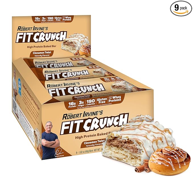 FITCRUNCH Snack Size Protein Bars 6-Layer Baked Bar 3g of Sugar &amp Soft Cake Core (9 Bars Cinnamon Twist)