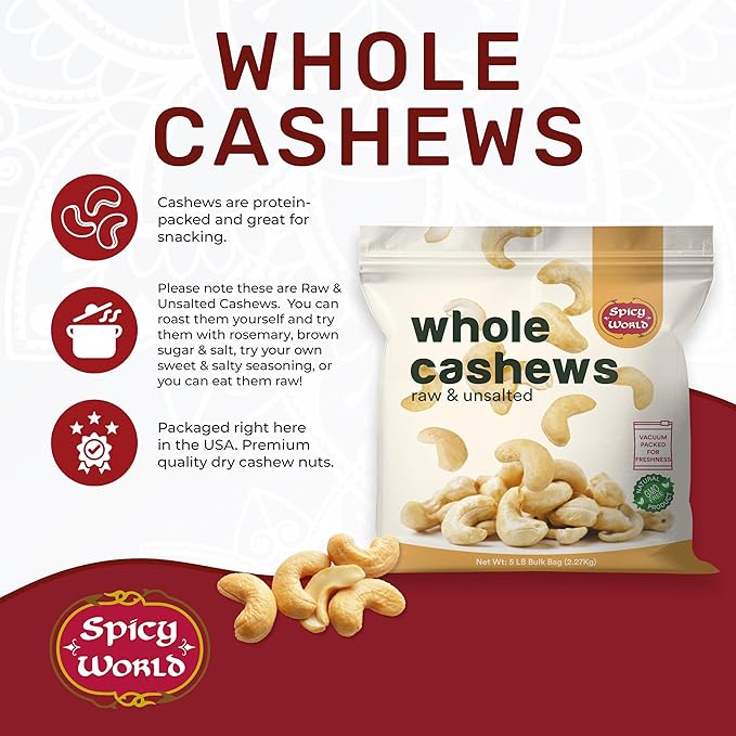 Spicy World Raw Cashews 5 LB (80oz) Bulk - Non-GMO Gluten Free Peanut Free No Additives Unsalted Natural &amp Pure Whole Cashews - Great for Pesto Salads Baking Roasting &amp Cooking