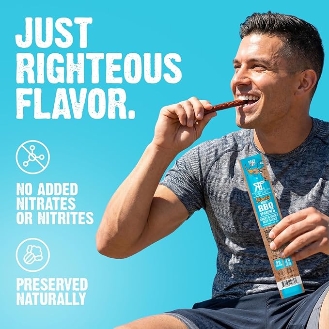 Righteous Felon Meat Sticks | 100% Grass Fed Beef | 9g Protein per Stick | Keto Gluten-Free Low Sugar High Protein Snack Sticks | Individually Wrapped | Honey Heist BBQ Beef Sticks 10 Count