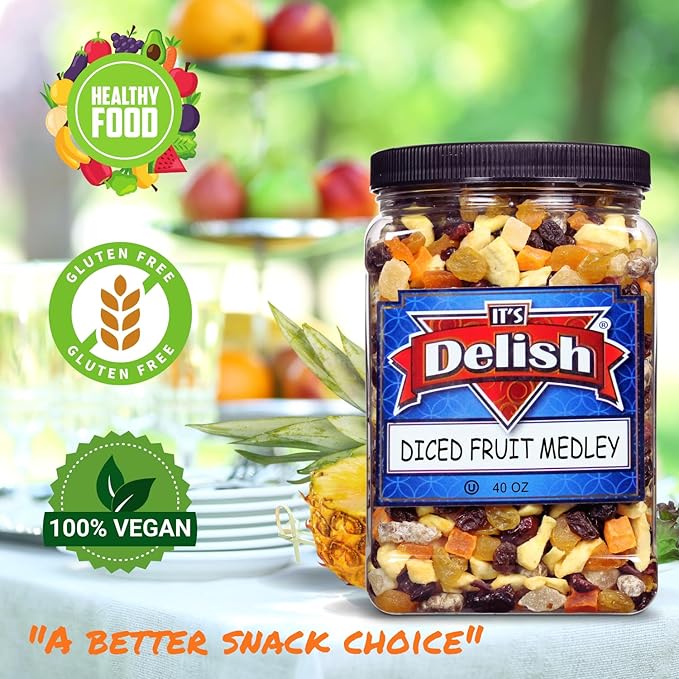 Dried Mixed Fruit Dices Medley - by Its Delish 40 OZ Jumbo Container | Healthy Snacks for Adults Kids &amp Pets | Fresh Cut Snack Mix Dry Fruit and Berries Trail Mix | Nut &amp Gluten Free Vegan