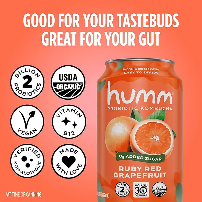 Humm Whole30 Approved Kombucha Variety Pack Strawberry Blossom Cherry Limeade Ruby Red Grapefruit Organic Vegan &amp GMO Free (12 Pack)
