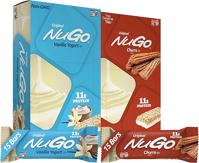 NuGo Original Variety Vanilla Yogurt 15 bars &amp NEW! Churro 15 bars 11g Protein Gluten Free 30 Count