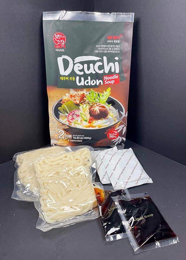 Bongojang Korean Noodle Soup Variety Pack Spicy Seafood and Deuchi Udon 2 Servings Each 98% Fat Free