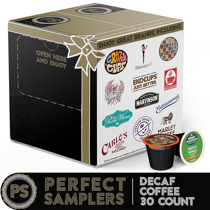 Crazy Cups Flavored Decaf Coffee Pods Variety Pack Sampler Assorted Single Serve Decaffeinated Coffee Capsules for Keurig K Cups Brewers 30 Flavored Decaf Coffees - No Duplicates