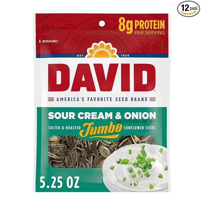 DAVID SEEDS Sour Cream &amp Onion Jumbo Sunflower Seeds Keto Friendly 5.25-oz. Resealable Bag (Pack of 12)