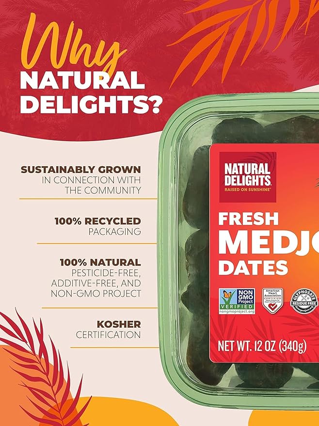 Natural Delights Medjool Dates Whole - Non-GMO Verified Fruit Good Source of Fiber &amp Potassium Naturally Sweet Snack for On-the-Go Large &amp Plump Dates - 12 oz Tub (Pack of 2)