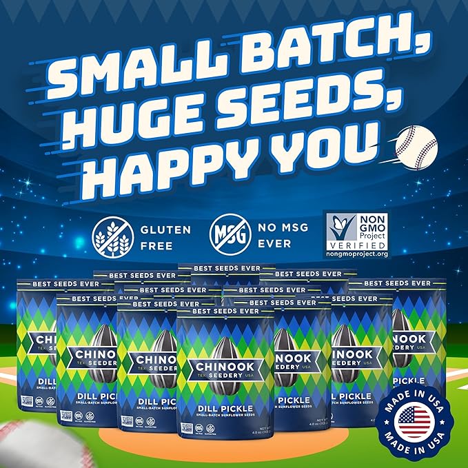 Chinook Seedery Sunflower Seeds to Eat — Jumbo Flavored Roasted Low Sodium Snacks — Keto Friendly Gluten-Free Non-GMO — Dill Pickle Sunflower Seeds 4 oz (12-Pack)