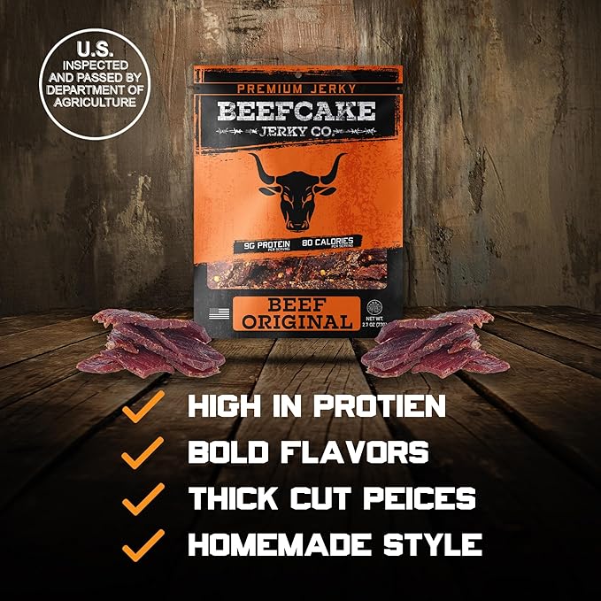 BEEFCAKE Jerky Pork Lover Variety Pack Includes Beef Jerky Sweet Heat Teriyaki Honey BBQ &amp Smokehouse 9 Gram of Protein &amp 100 Calories 2.7 Oz | Pack of 4