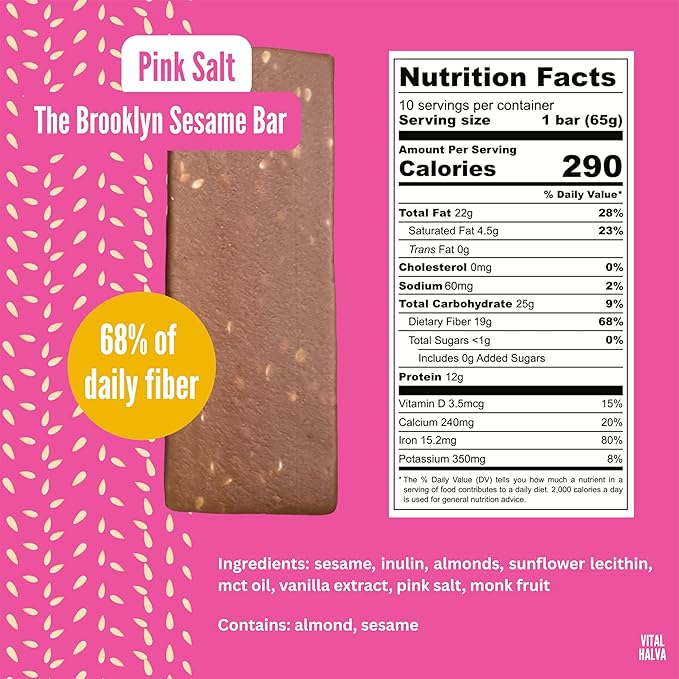 Vital Halva Gut-Friendly Sesame Bar 19g Fiber 12g Protein &lt1g Sugar Gluten-Free Vegan Snack - Pink Salt 65g (Box of 10)