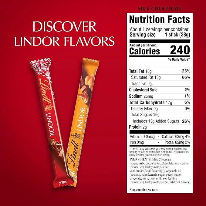 Lindt LINDOR Milk Chocolate Truffle Bar Chocolate Candy Bar with Smooth Center 1.3 oz. (24 Pack)