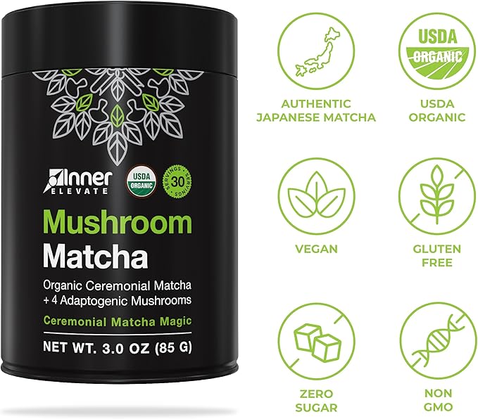 Inner Elevate Mushroom Matcha - Organic Ceremonial-Grade Matcha Powder with 4 Superfood Mushrooms - Adaptogenic Mushroom Tea Drink with Lion's Mane Cordyceps Turkey Tail Reishi (30 Servings)