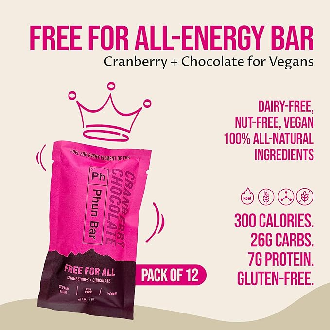 Phun Bar Free For All Energy Bars (Pack of 12) | Cranberries + Chocolate Vegan | Dairy-Free Nut-Free &amp Gluten-Free Sports Energy Bars for Running Training &amp Outdoor Days