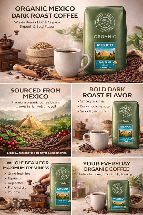 Organic Mexican Coffee Beans - Dark Roast Whole Bean Arabica - 32oz Premium Single Origin - Smoky Aroma &amp Dark Chocolate Notes - Gourmet Coffee