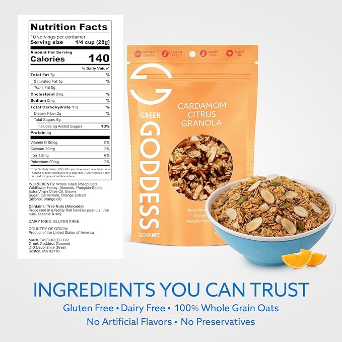 Greek Goddess Gourmet Cardamom Citrus Granola with Almonds Pumpkin Seeds Wildflower Honey Orange Extract 100% Whole Grain Oats &amp Olive Oil – Healthy Gluten Free Granola 10oz (3-Pack)