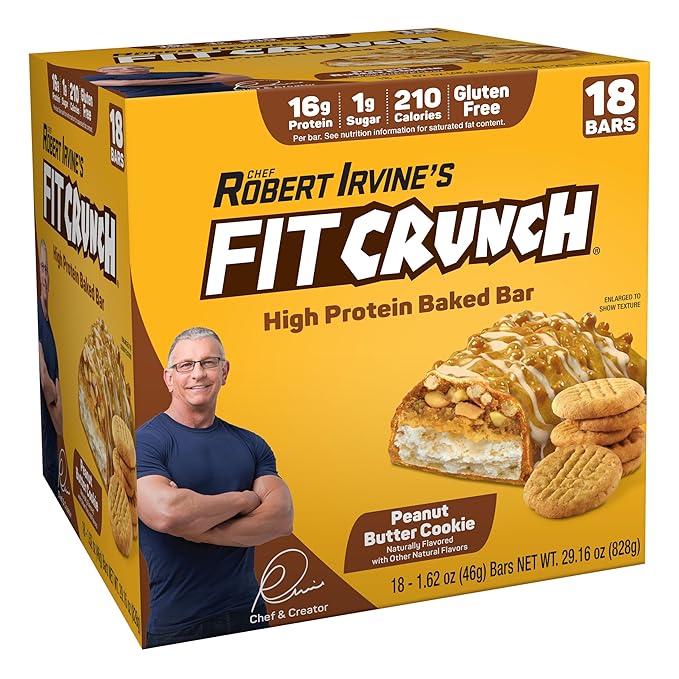 FITCRUNCH Snack Size Protein Bars 6-Layer Baked Bar 1g of Sugar Gluten Free &amp Soft Cake Core (18 Bars Peanut Butter Cookie)