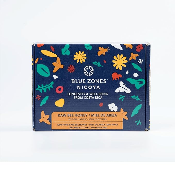 Blue Zones Nicoya - Raw Bee Honey with Box and Wood Dipper 100% Natural Gluten Free Honey - from Peninsula of Nicoya in Costa Rica - Multifloral Tropical Dry Forest - Wild Bee 12.3 Ounce (350g)
