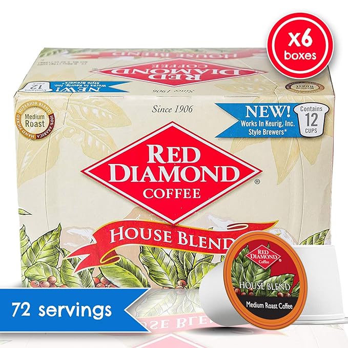 Red Diamond Coffee Cups House Blend Medium Roast Single Serve Coffee Cups Compatible with Most Brewers 6 Boxes of 12 Pods (72 Servings)