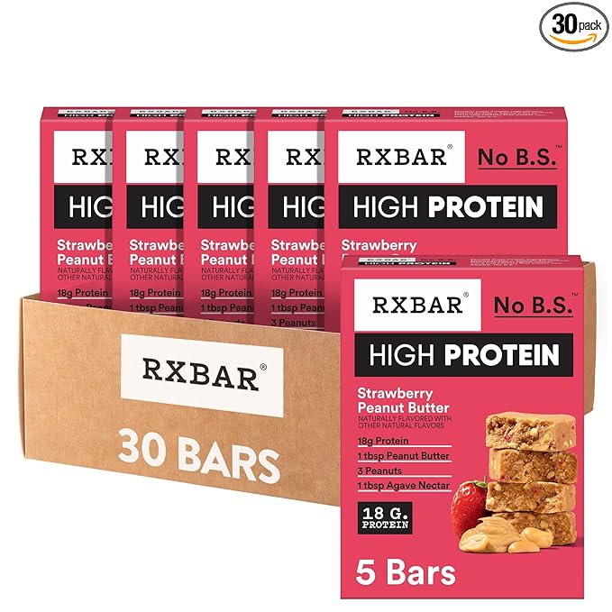 RXBAR High Protein Bars Gluten Free Protein Snacks Strawberry Peanut Butter (6 Boxes 30 Bars)