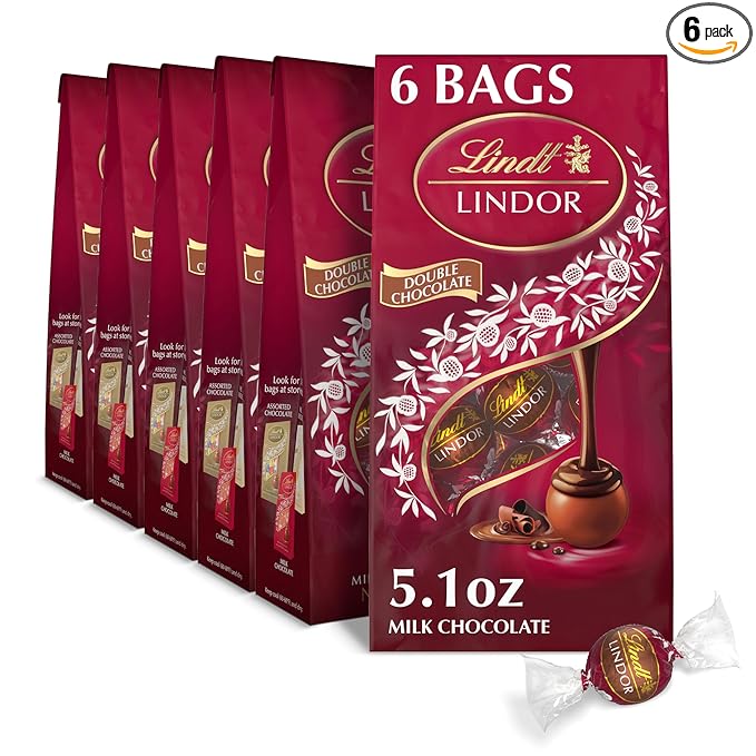 Lindt LINDOR Double Chocolate Milk Chocolate Candy Truffles Milk Chocolate with Smooth Melting Truffle Center Great for Gift Giving 5.1 oz. Bag (6 Pack)
