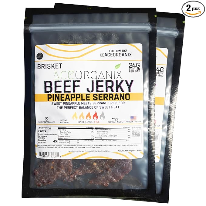Ace Organix Brisket Beef Jerky Pineapple Serrano – Sweet &amp Spicy Tropical Flavor – Premium High Protein Snack – Clean Ingredients No Added Nitrates – Made in USA (2 Pack)