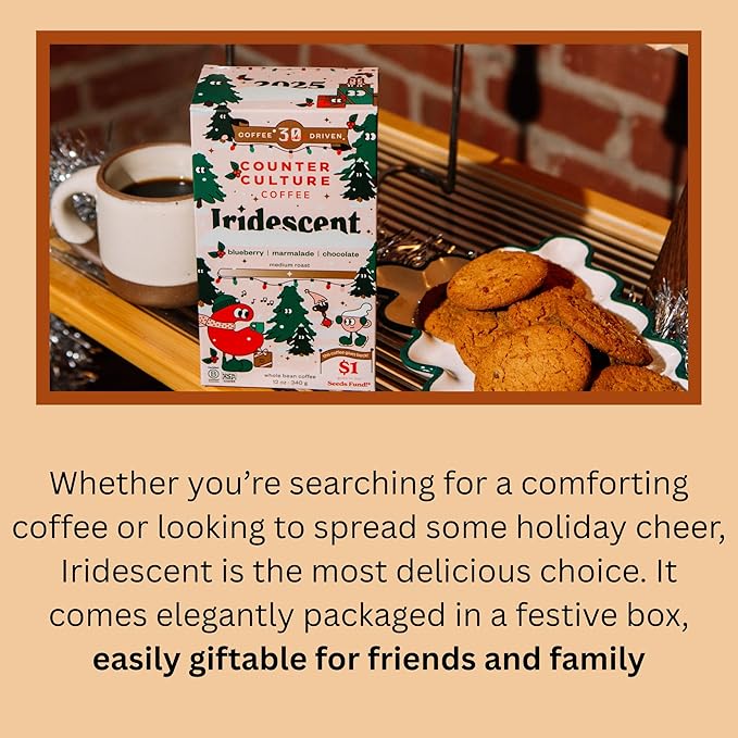 Counter Culture Coffee Iridescent Holiday Coffee Blend - Medium Light Roast Sustainably Farmed Kosher Whole Bean Coffee 12 oz