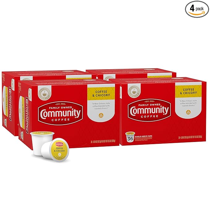 Community Coffee &amp Chicory 144 Count Coffee Pods Dark Roast Compatible with Keurig 2.0 K-Cup Brewers 36 Count (Pack of 4)