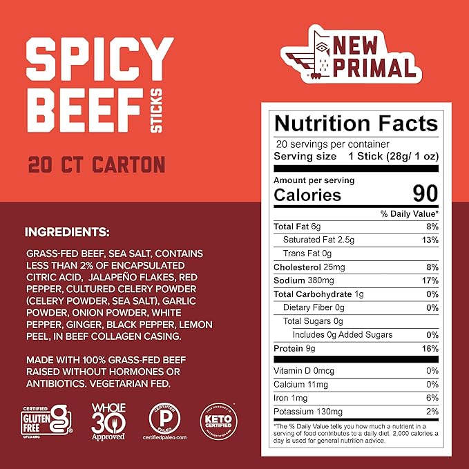 The New Primal Grass-Fed Spicy Beef Sticks Keto Gluten Free Healthy Snacks for Adults Sugar Free Low Carb High Protein Snack Paleo Whole30 Jerky Stick 9g Protein 20 Ct