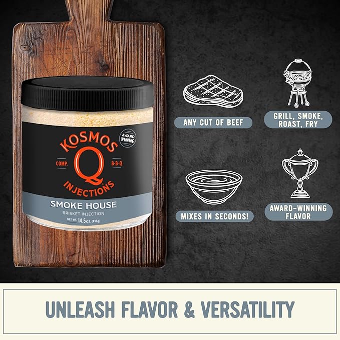 Kosmos Q Smoke House Reserve Blend Injection BBQ Marinade for Brisket Beef &amp More Smoky Mesquite Flavor Moisture-Retaining Meat Seasoning for Smoking &amp Grilling 16 Oz Jar