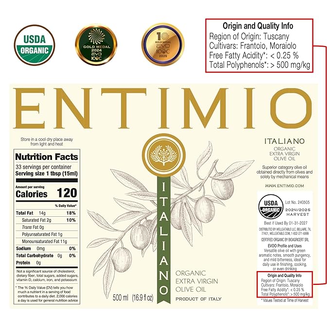 Entimio Italiano Organic Italian Extra Virgin Olive Oil from Italy 500+ mg/kg High in Polyphenols 2025 Gold Winner Tuscany evoo Cold Extracted Lab Tested for Drinking Cooking and Finishing