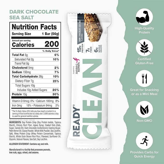 Ready® Protein Bars – High-Protein Snack with 15g Whey Protein With Flaxseeds and Omega-3s for Sustained Energy Supports Lean Muscle and Recovery No Artificial Sweeteners – Dark Chocolate Sea Salt