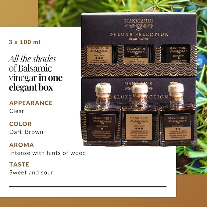 MANICARDI Set of 3 Condiments with Balsamic Vinegar of Modena PGI - Selected with Three Different Degrees of Density - Made in Italy 100 ml Each