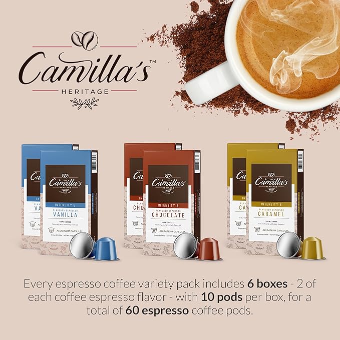 Camilla’s Heritage - Intensity 8 Flavored Espresso Coffee Variety Pack (Gourmet Chocolate Vanilla &amp Caramel Espresso Cups) 60 Coffee Pods
