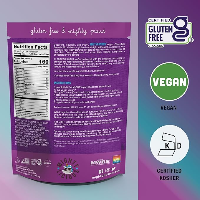 Mightylicious Chocolate Brownie Mix (Plant Based) – Gluten-Free – Non-GMO – Egg-Free – Kosher – Dairy-Free – Allergen Friendly – Preservative Free – Ideal for Baking – 3-Pack (52.5oz Total 3.3lbs)
