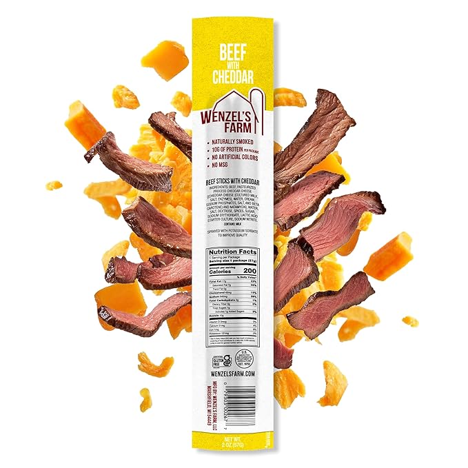 Wenzel’s Farm Beef with Cheddar Sticks │Snack Sticks │ Flavorful Naturally Smoked │ High Protein Low Carb │ No MSG Fillers Binders Artificial Colors │ Gluten Free | 32 sticks (16 packs of 2)