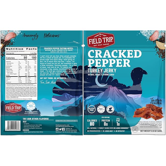 Field Trip Turkey Jerky Gluten Free Low Carb Healthy High Protein Snacks No Nitrates All Natural Ingredients Cracked Pepper 2.2oz Bags 4 Pack